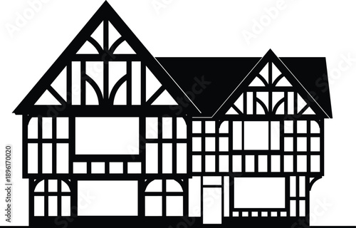 Black and white Tudor house silhouette, traditional English half-timbered architecture, historic cottage building icon, vintage European home vector illustration isolated