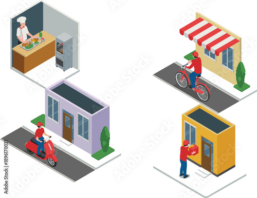 Isometric of a food delivery service with a chef preparing food and couriers on scooter and bicycle