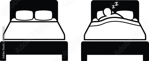 Black Bed Icon Set with Sleeping Person and Pillows, Minimalist Furniture Silhouettes for Hotel Amenities, Bedroom Decor and Rest Concepts