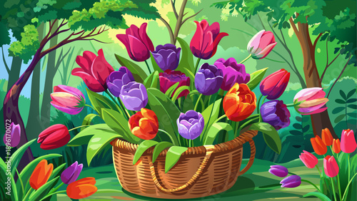 Very beautiful spring bouquet of purple and red tulips arranged in a wicker basket, captured in close-up against a lush green forest backdrop symbolizing renewal, life, and seasonal hope.