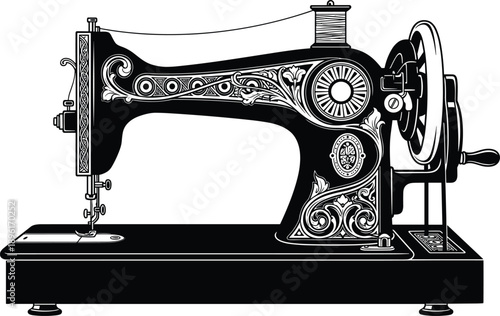 Vintage Antique Sewing Machine Vector Illustration with Ornate Victorian Filigree Details Isolated on White Background for Tailor Shop Logo Fashion Design and Craft Projects