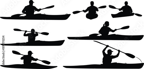 Vector silhouette illustration set of people kayaking and paddling canoes in different poses, isolated on white background for outdoor water sports and recreation design.
