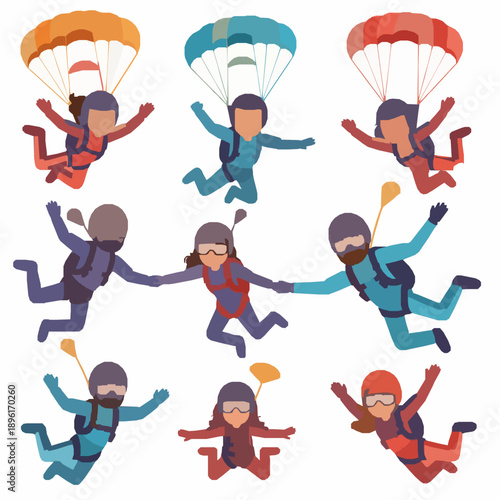 Parachute Skydiver Couple Characters Flat Vector Illustration Set