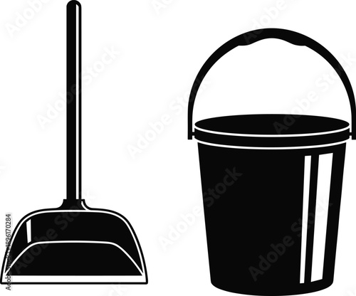 Black Bucket and Dustpan Silhouette Vector Icon Set, Professional Cleaning Equipment for Household Maintenance, Janitorial Supplies and Home Sanitation Design