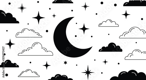Black Crescent Moon with Stars and Clouds Vector Illustration, Minimalist Night Sky Background for Dreaming, Bedtime Stories and Celestial Designs