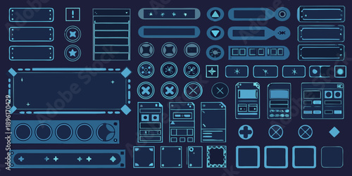 Collection of blue pixel art interface elements and game ui frames