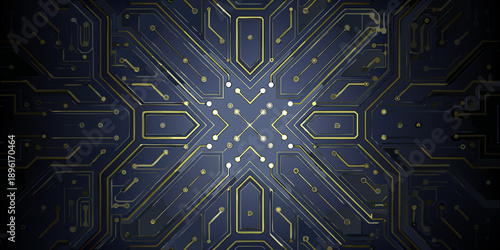 Intricate golden circuit pattern on a dark blue background