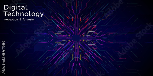 Abstract digital network radiating from a central point with vibrant colors