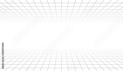 Symmetrical 3D grid perspective background a clean white wireframe illustration featuring mirrored floor and ceiling planes, ideal for technical presentations, VR concepts, and digital void environmet