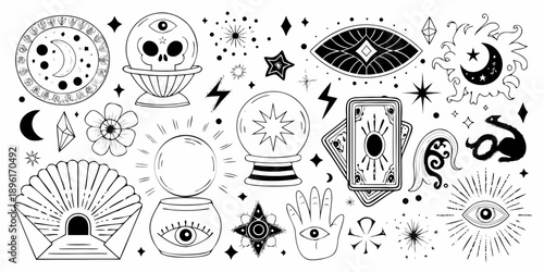 Mystical collection of divination symbols eyes moons cards and celestial elements