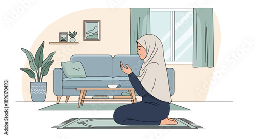 Muslim Woman Praying at Home, Wearing Hijab, Sitting on Prayer Mat