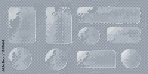 Collection of transparent glass or plastic shapes on a grid background
