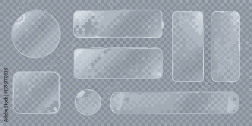 Collection of transparent glass and plastic shapes on a grid background