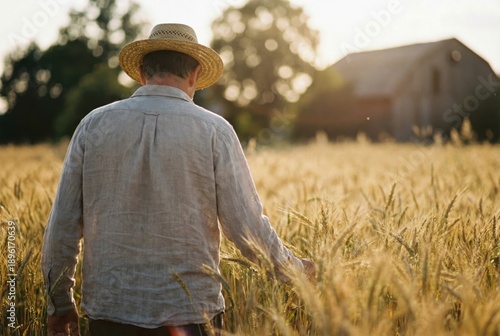 A contemplative farmer walking through golden wheat fields under a warm sun reflecting on rural life sustainability and connection to nature in a tranquil agricultural landscape