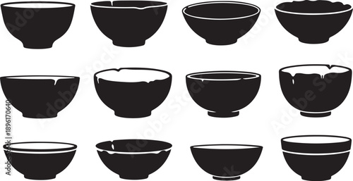 Collection of Black Bowls on White Background
