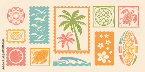 Collection of vintage style postage stamps featuring tropical and floral motifs