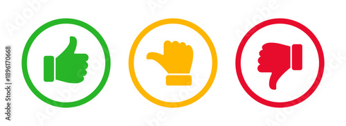 Thumbs up, neutral, and thumbs down rating icons; Like dislike and neutral feedback symbols representing positive, neutral, and negative user sentiment for reviews