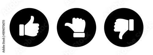 Thumbs up, neutral, and thumbs down rating icons; Like dislike and neutral feedback symbols representing positive, neutral, and negative user sentiment for reviews