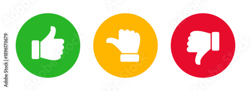 Thumbs up, neutral, and thumbs down rating icons; Like dislike and neutral feedback symbols representing positive, neutral, and negative user sentiment for reviews