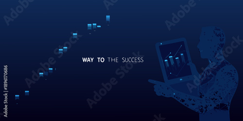 A businessman views data analysis on a digital tablet charting a course