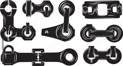 Collection of various metal chain links and shackles