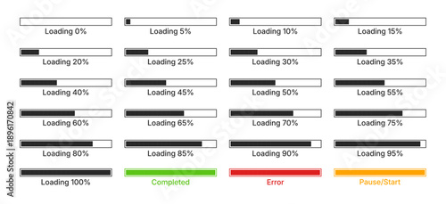 Percentage loading progress bars; featuring incremental loading percentages from 0% to 100%, along with specific Completed, Error, and Pause or Start status indicators.