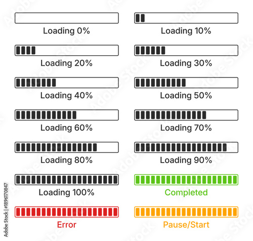 Percentage loading progress bars; featuring incremental loading percentages from 0% to 100%, along with specific Completed, Error, and Pause or Start status indicators.