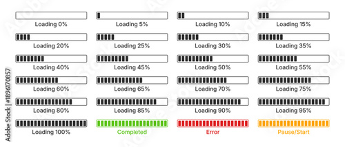 Percentage loading progress bars; featuring incremental loading percentages from 0% to 100%, along with specific Completed, Error, and Pause or Start status indicators.