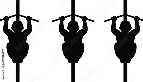 Three black silhouette figures of a person performing a chin-up exercise on a horizontal bar, illustrating fitness and strength training