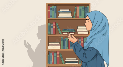 Muslim Woman Praying by Bookshelf