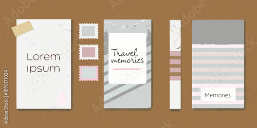 Four rectangular cards with text and decorative elements arranged vertically