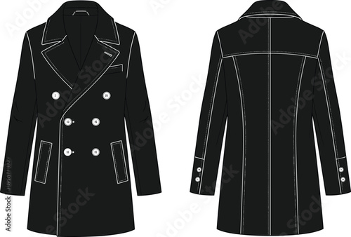 Black Mens Double Breasted Overcoat Vector Mockup with Front and Back View, Professional Fashion Technical Flat Sketch for Winter Apparel Design