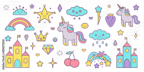 Colorful illustration of unicorns castles rainbows and magical elements
