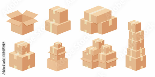 Isometric view of various cardboard boxes in different arrangements