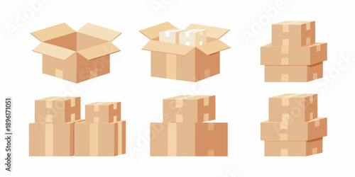 Different arrangements of cardboard boxes stacked and open