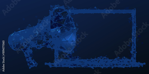 Abstract blue megaphone shattering into a fragmented rectangular frame