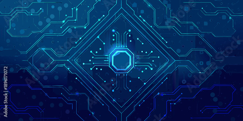 Abstract blue circuit board pattern with a glowing central hexagon