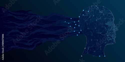 Abstract digital human head composed of interconnected lines and points