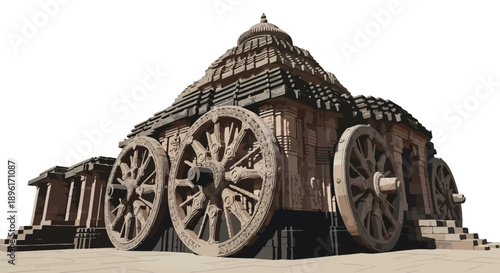 Ancient stone chariot with large wheels.