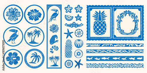 Vintage blue and white tropical postage stamps and decorative elements