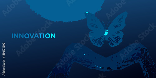 A glowing butterfly emerges from a dark textured background with innovation
