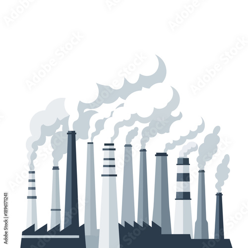 Industrial factory chimneys emitting smoke and pollution, symbolizing environmental impact.