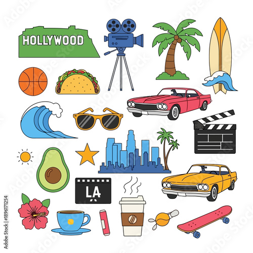 Los Angeles Icons: Hollywood, Surf, Cars, Movies, Food, and Cityscape Collage