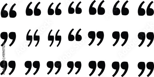 Black quotation marks set, various comma double quote bubble icons for speech and text, isolated punctuation marks vector illustration collection,