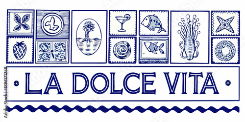 A series of blue and white illustrated tiles with the phrase la dolce vita