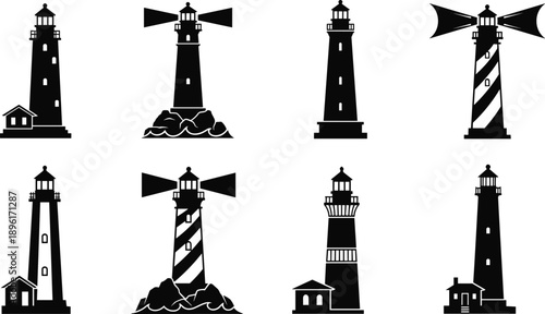 Recycling truck and wastLighthouse silhouette illustration, black vector icons, coastal architecture, maritime design, beacon shapes, nautical graphic, sea tower art