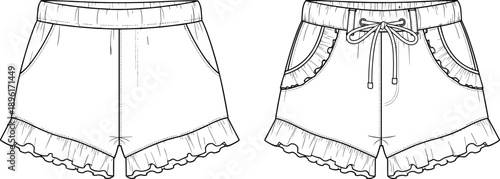 Women White Casual Shorts with Ruffle Hem and Drawstring Waist Front and Back View, Technical CAD Drawing Flat Vector Illustration for Fashion Design