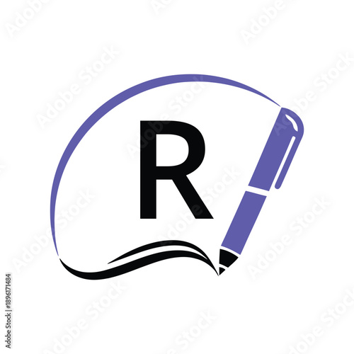 Education Logo On Letter R Template. Education On R Letter, Initial Pen Sign Conceptrint