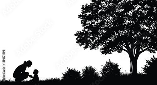 Mother and baby silhouette sitting under a large tree in the park, parenting childhood nature landscape vector illustration, family.
