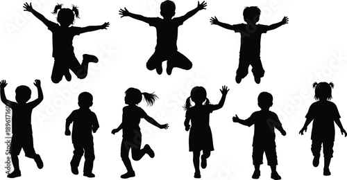 Black silhouette set of happy jumping and running children, active kids playing, group of diverse boys and girls vector isolated,